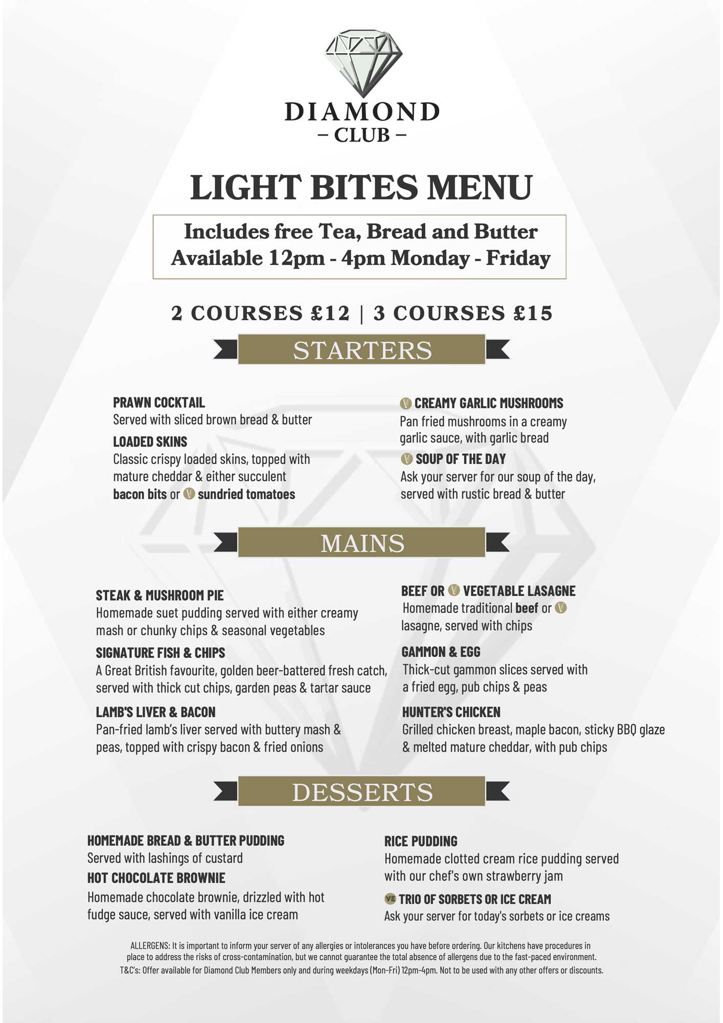 Diamond Club light Bites menu 